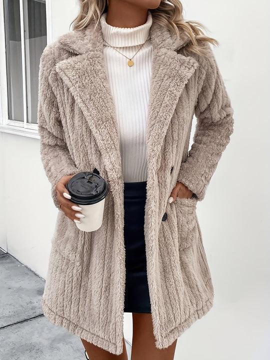 EB | Doppelknopf-plüschjacke mit Reverskragen Polyester Weich und Warm