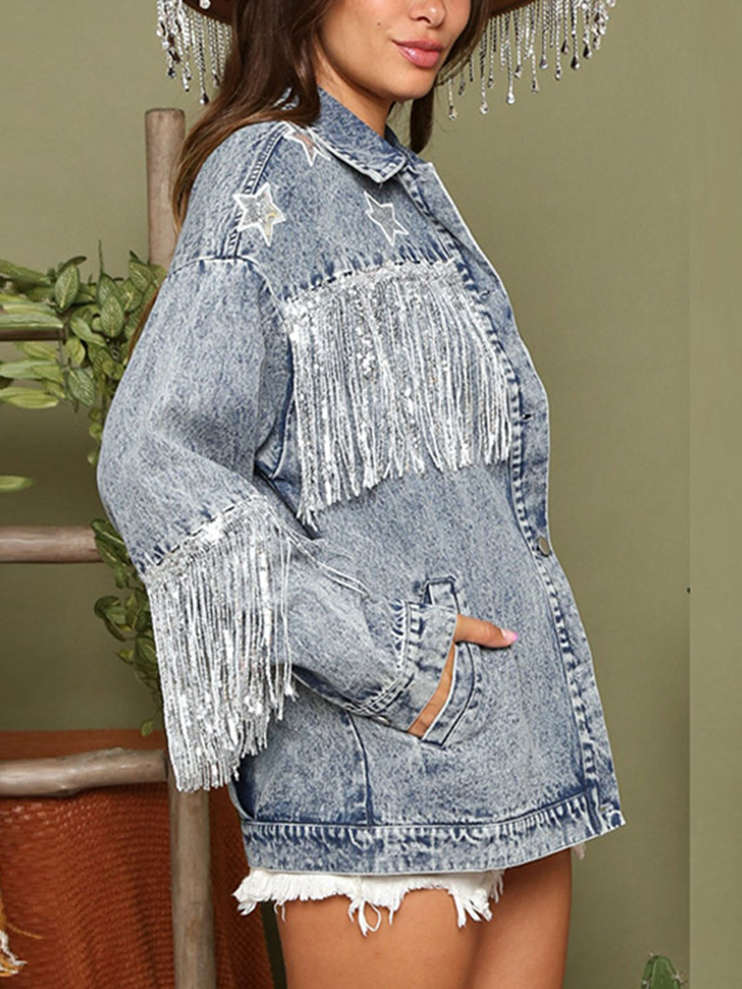 EB | Fransen Details Lange Ärmel Denimjacke