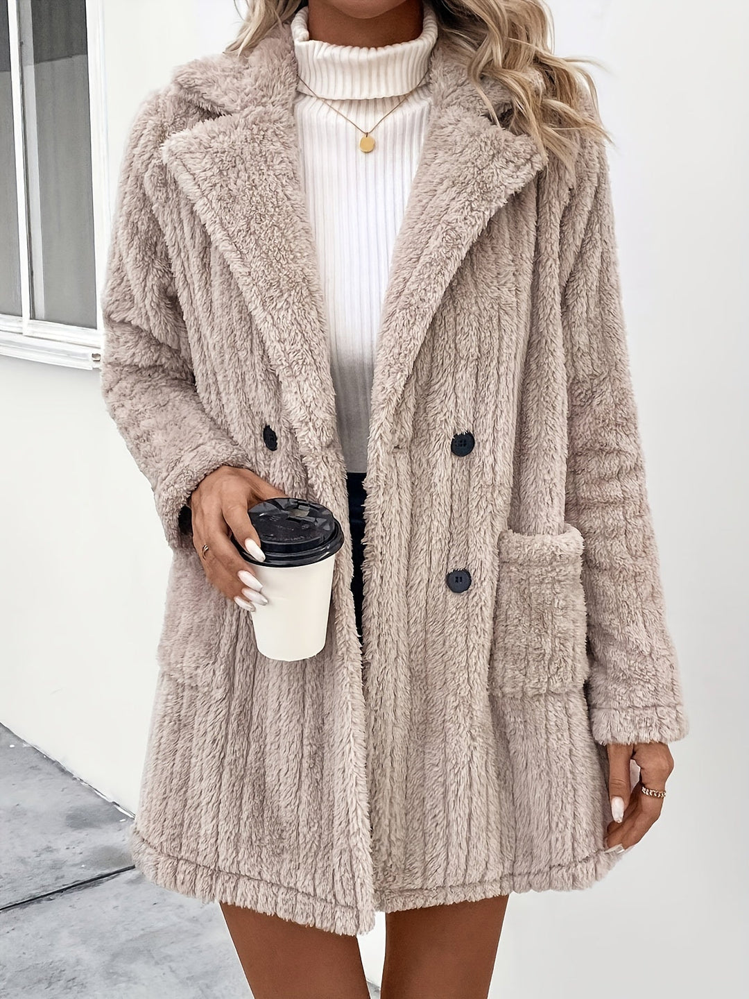 EB | Doppelknopf-plüschjacke mit Reverskragen Polyester Weich und Warm