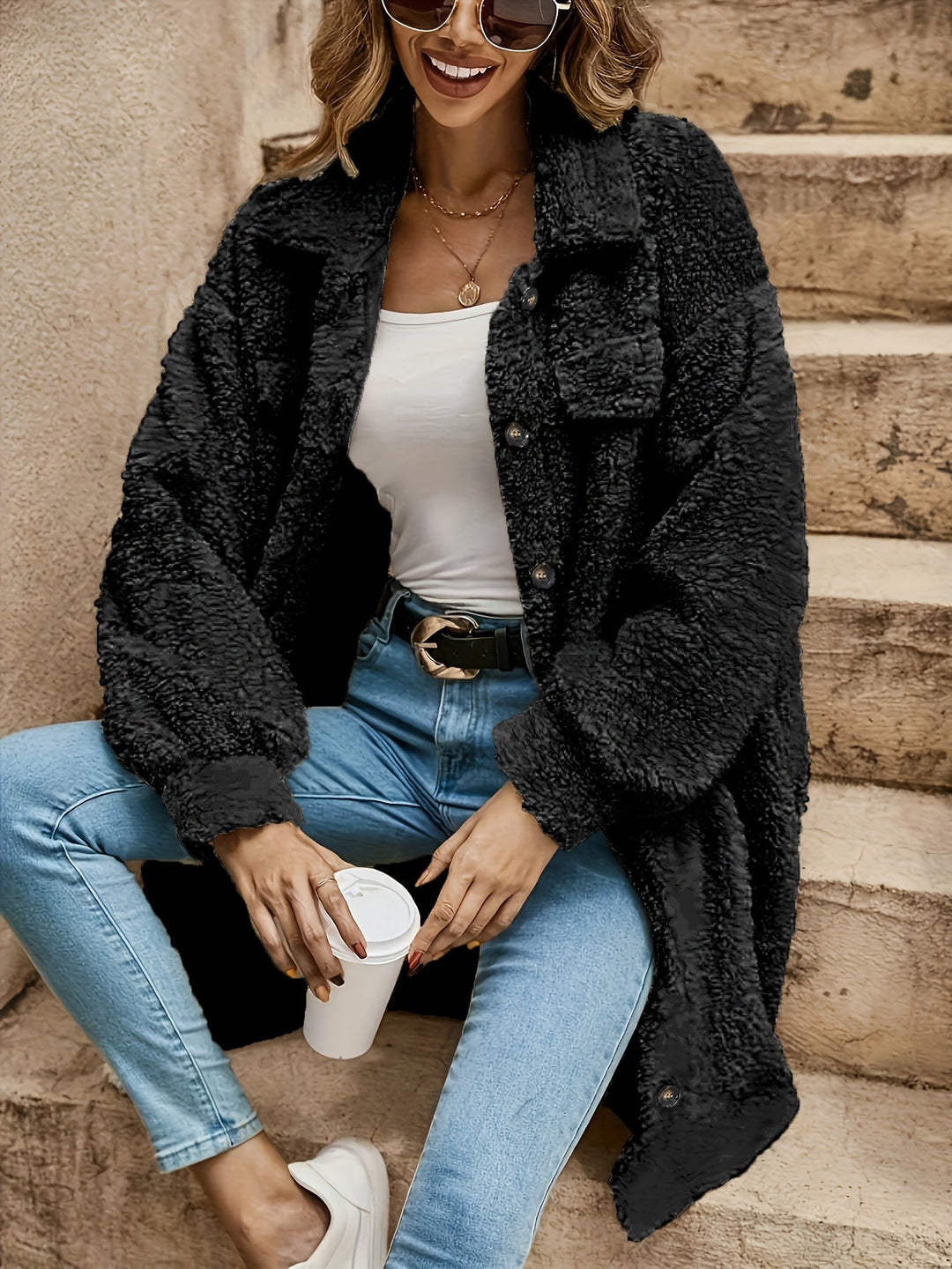 EB | Lange Jacke Im Sherpa-stil Polyester Warm und Stilvoll