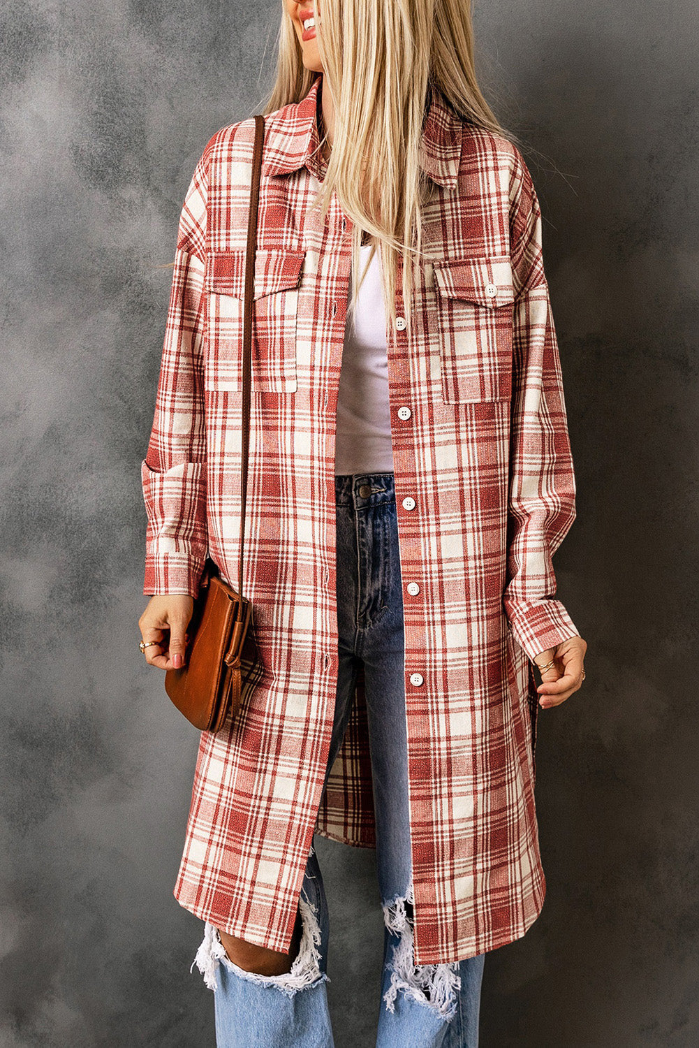 EB | Karierter Button-Up Longline Shacket mit Brusttaschen