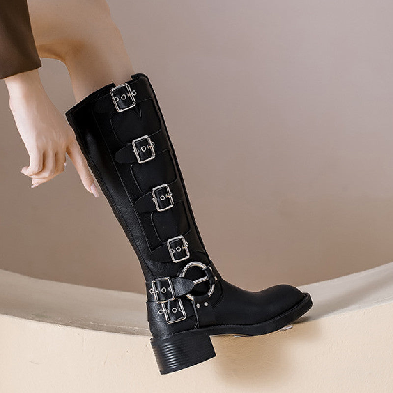 EB | Frauen Sommer Gürtel Schnalle Chunky Absatz Martin Stiefel
