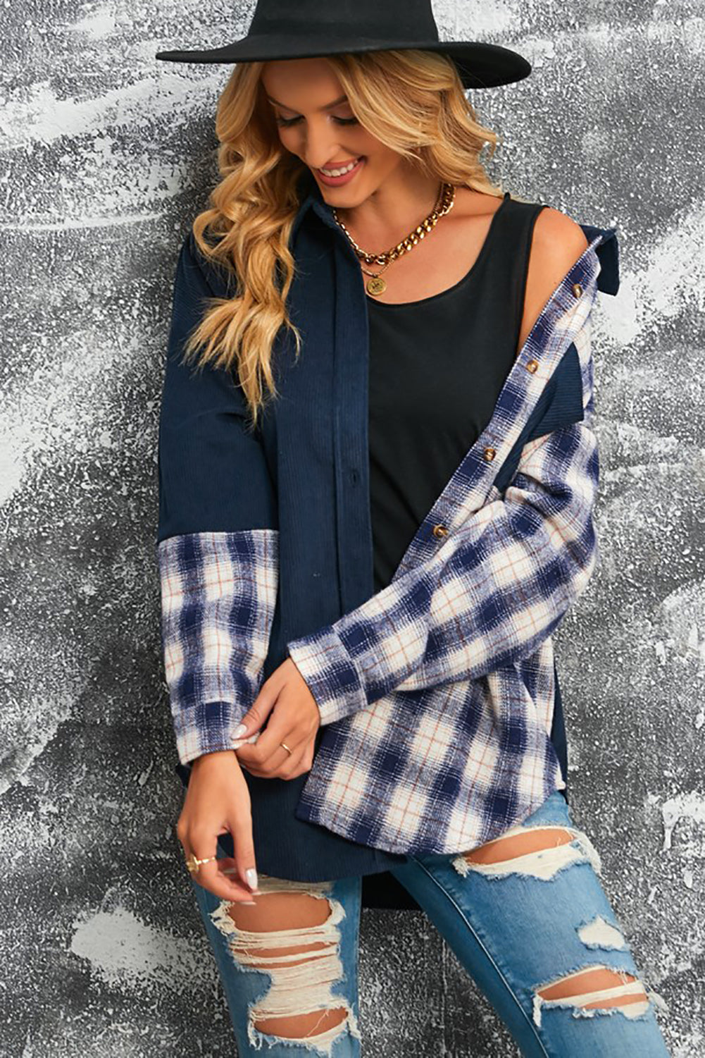EB | Karierte Farbblock Gefallen Schulter Corduroy Shacket