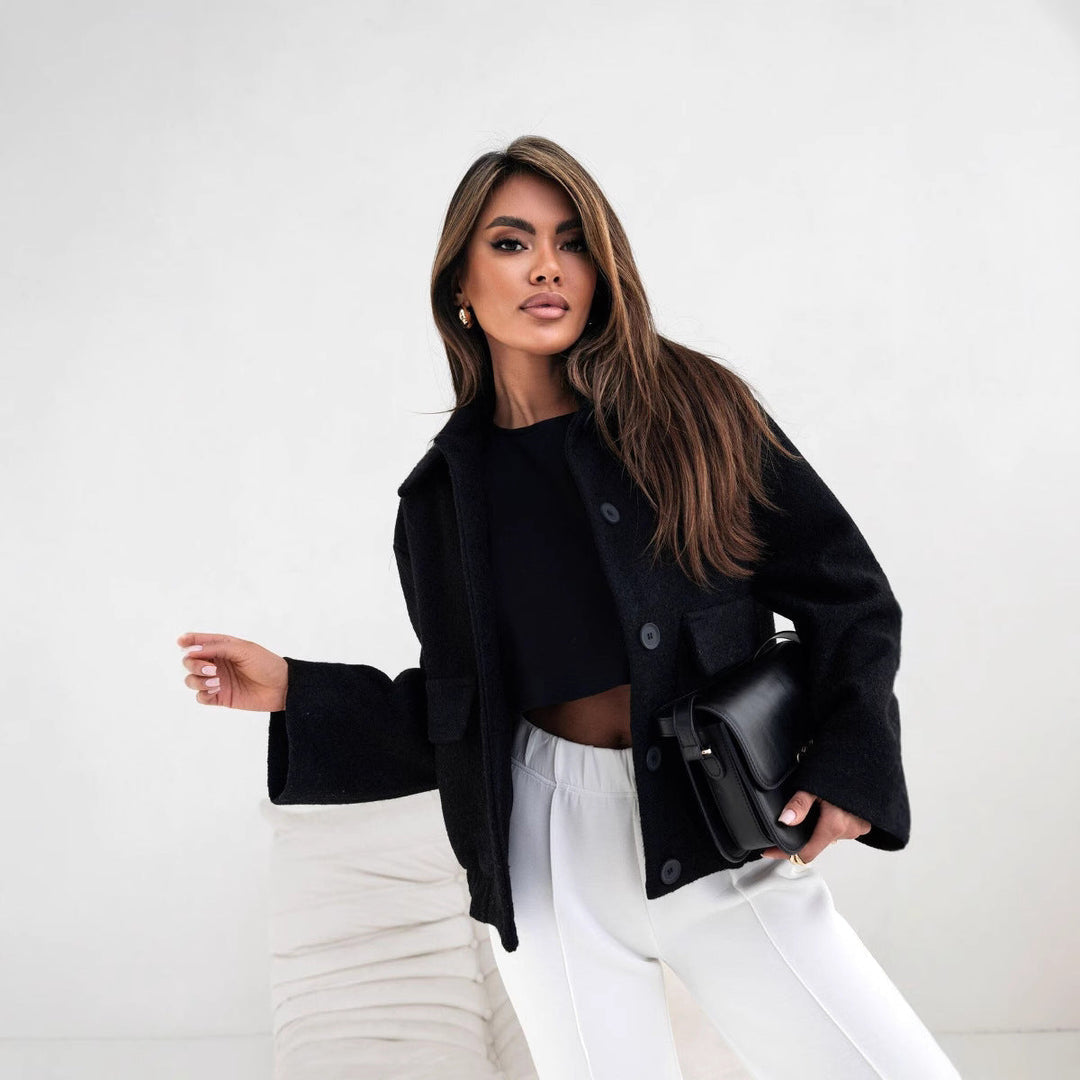 EB | Übergroße Wollmischung Kurze Jacke mit Knopfleiste und Taschen