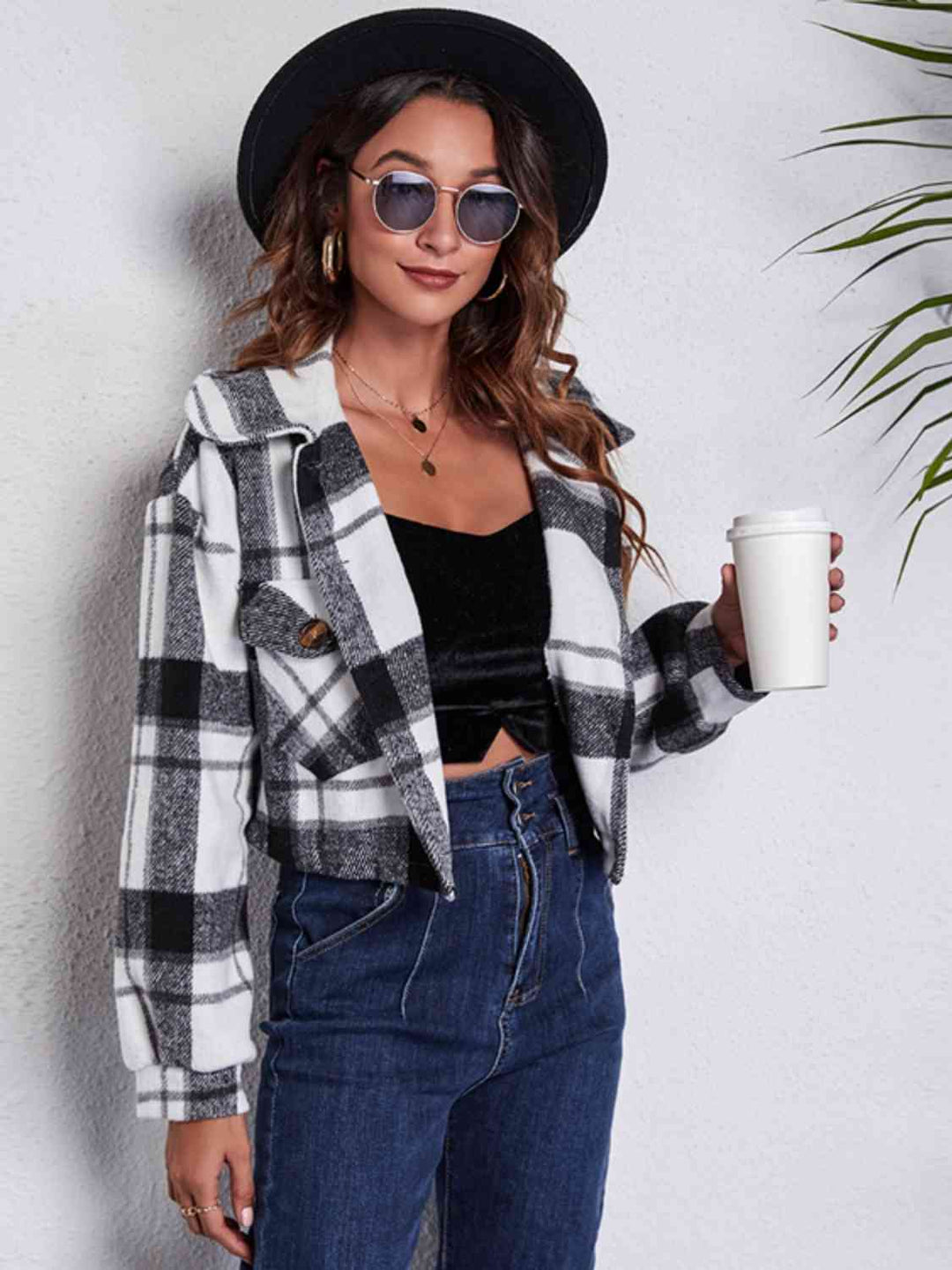 EB | Karierter Knopf-Front-Jacke mit Taschen