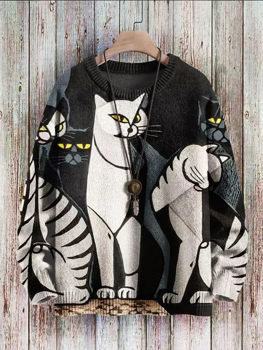 EB | Fröhlicher Katzenprint-Pullover für Frauen