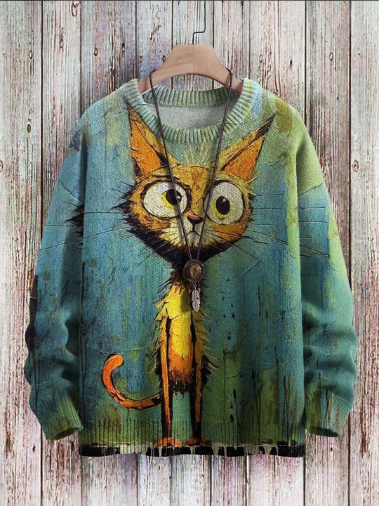 EB | Fröhlicher Katzenprint-Pullover für Frauen