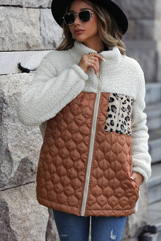EB | Zip-Jacke mit Stehkragen aus Sherpa mit Leoparden-Patches