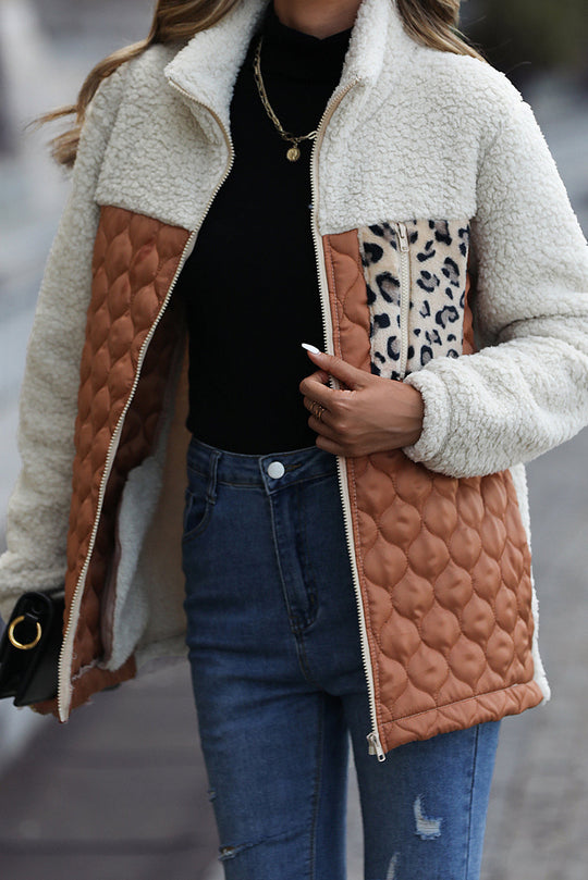 EB | Zip-Jacke mit Stehkragen aus Sherpa mit Leoparden-Patches
