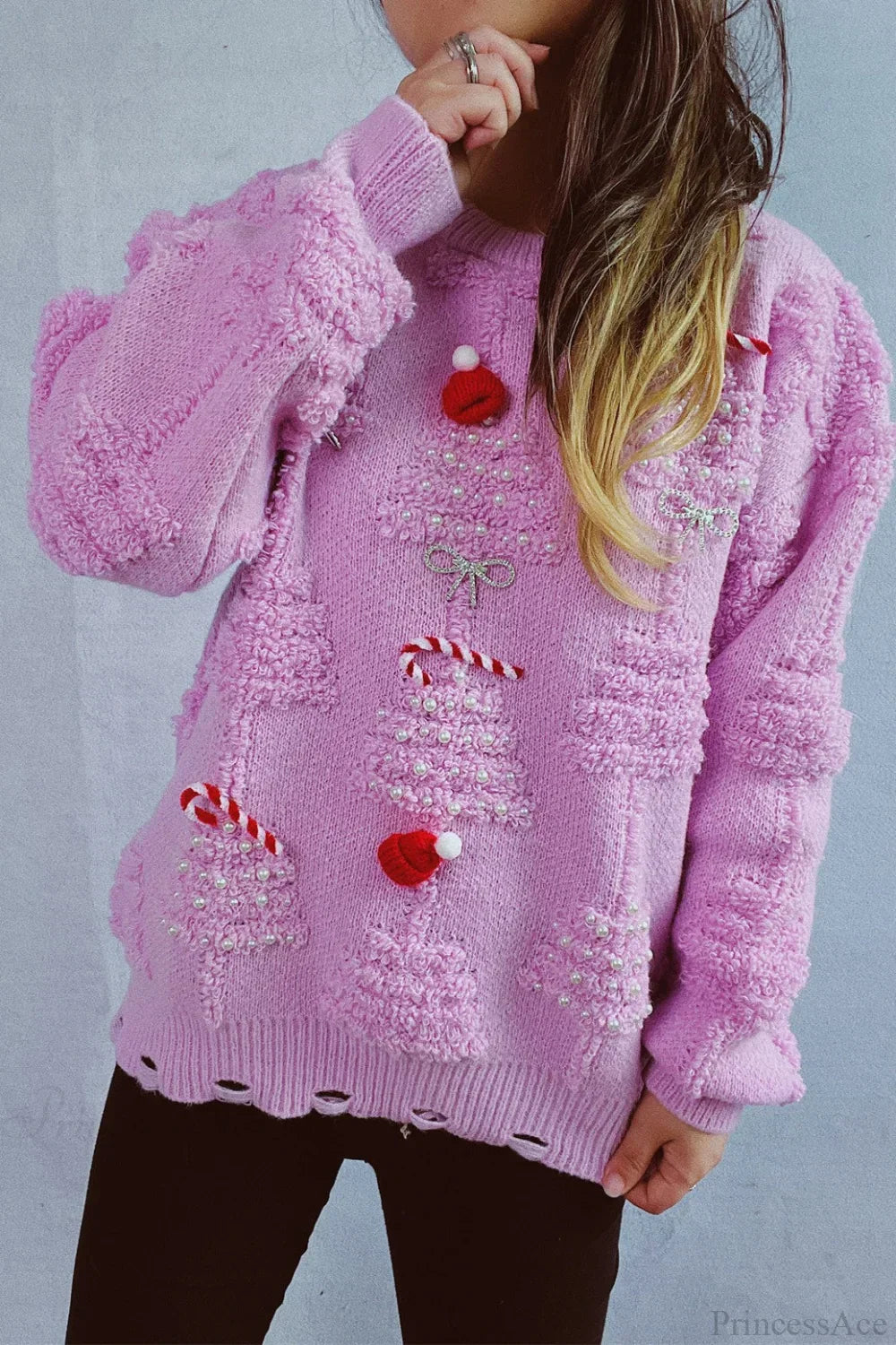 EB | Weihnachten 3D Baum Perle Solid Flocked Pullover