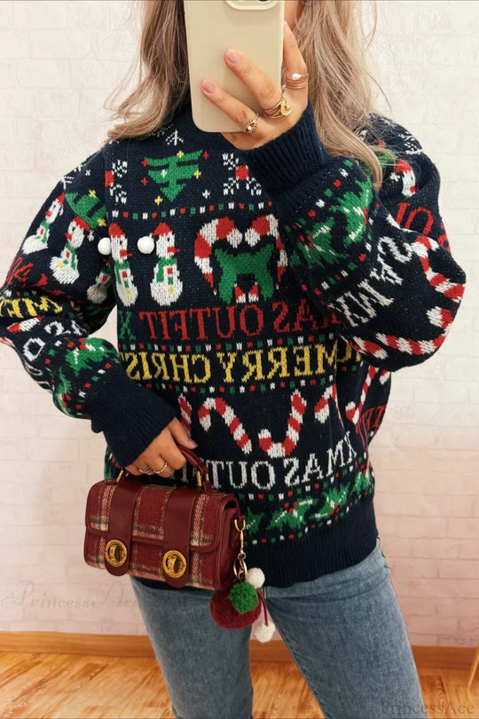 EB | Weihnachtskontrast Rundhals Lockere Lange Ärmel Pullover
