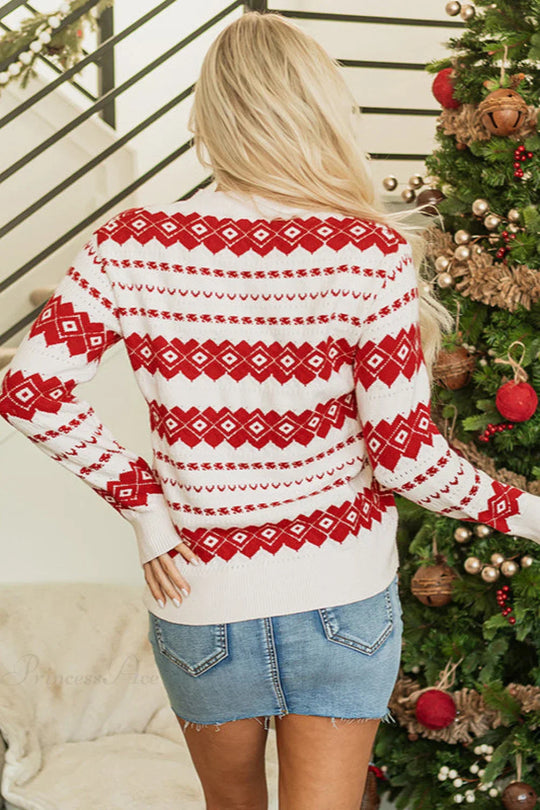 EB | Weihnachten Geometrischer Druck Farbblock Strick Rundhals Pullover Sweater