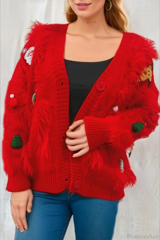 EB | Weihnachten Mink Fleece 3D Trim Einreiher Cardigan Sweater