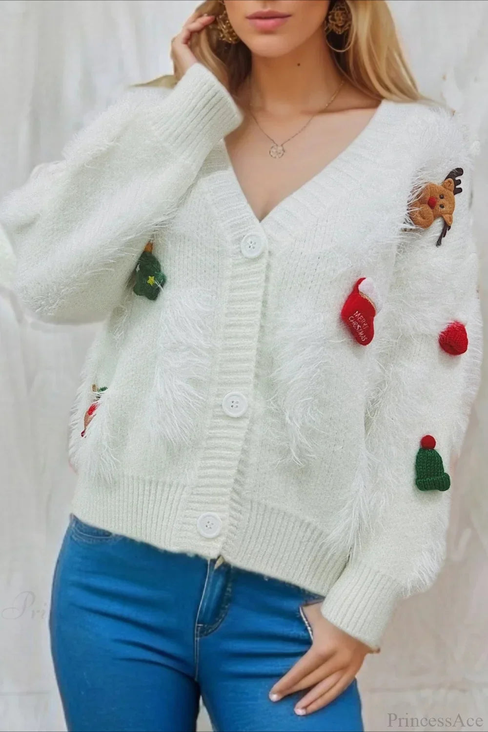 EB | Weihnachten Mink Fleece 3D Trim Einreiher Cardigan Sweater