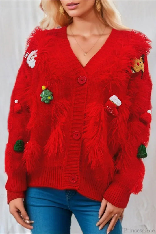 EB | Weihnachten Mink Fleece 3D Trim Einreiher Cardigan Sweater
