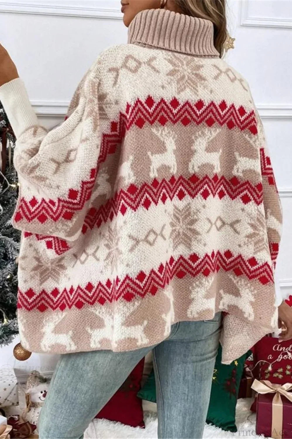 EB | Weihnachts-Elch Hoher Kragen Kontrast Fledermausärmel Pullover
