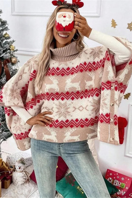 EB | Weihnachts-Elch Hoher Kragen Kontrast Fledermausärmel Pullover