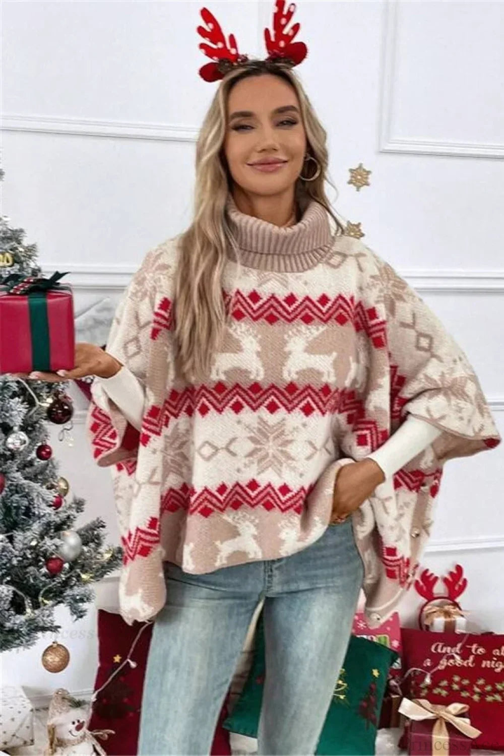EB | Weihnachts-Elch Hoher Kragen Kontrast Fledermausärmel Pullover