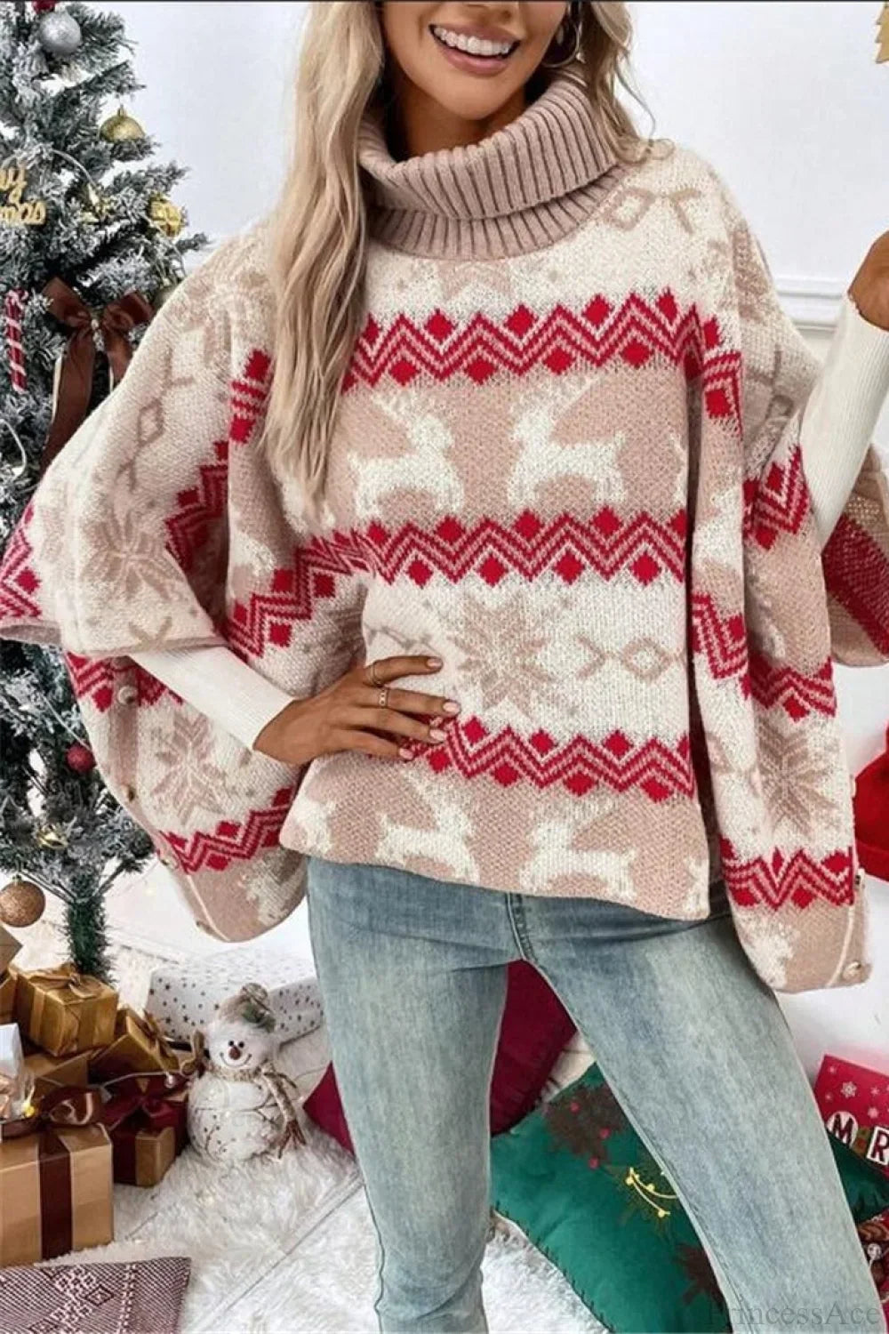 EB | Weihnachts-Elch Hoher Kragen Kontrast Fledermausärmel Pullover
