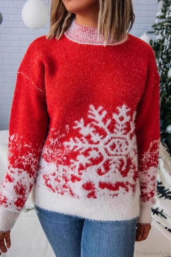 EB | Weihnachtsrote Schneeflockenmuster Rollkragen Weitgeschnittene Pullover