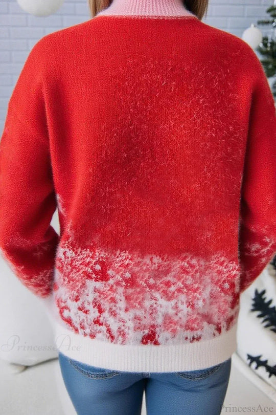 EB | Weihnachtsrote Schneeflockenmuster Rollkragen Weitgeschnittene Pullover