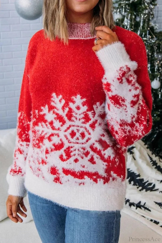 EB | Weihnachtsrote Schneeflockenmuster Rollkragen Weitgeschnittene Pullover