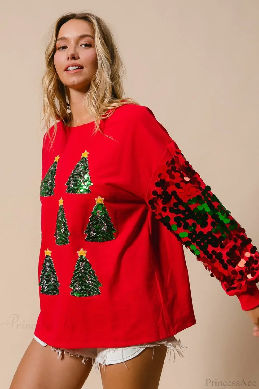 EB | Weihnachts Pailletten Langarm Lässiges Sweatshirt