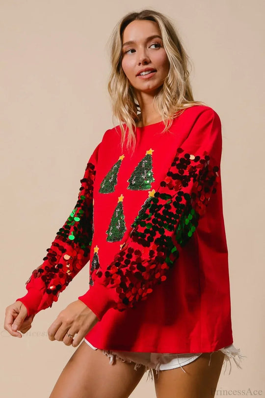 EB | Weihnachts Pailletten Langarm Lässiges Sweatshirt