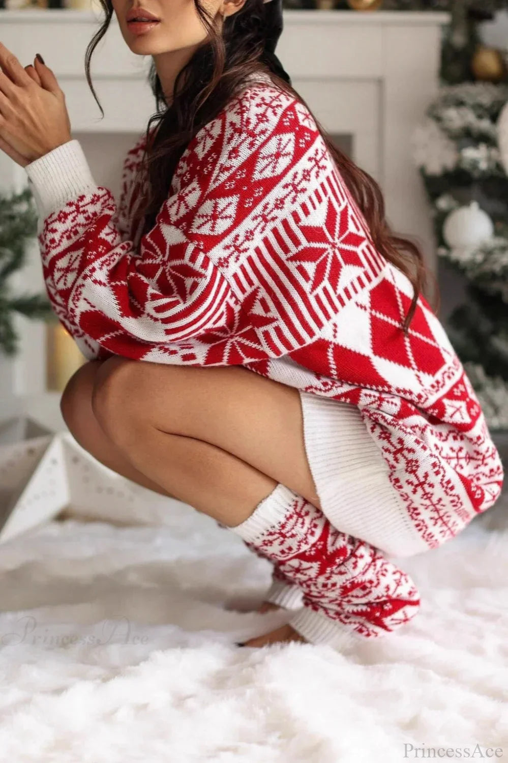 EB | Weihnachts-Schnee-Ahorn Ethnischer Rundhals-Langer Pullover