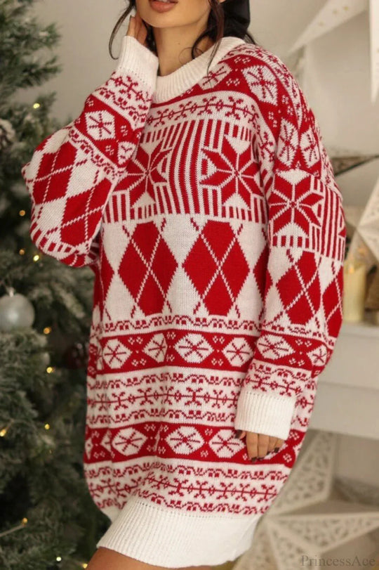 EB | Weihnachts-Schnee-Ahorn Ethnischer Rundhals-Langer Pullover