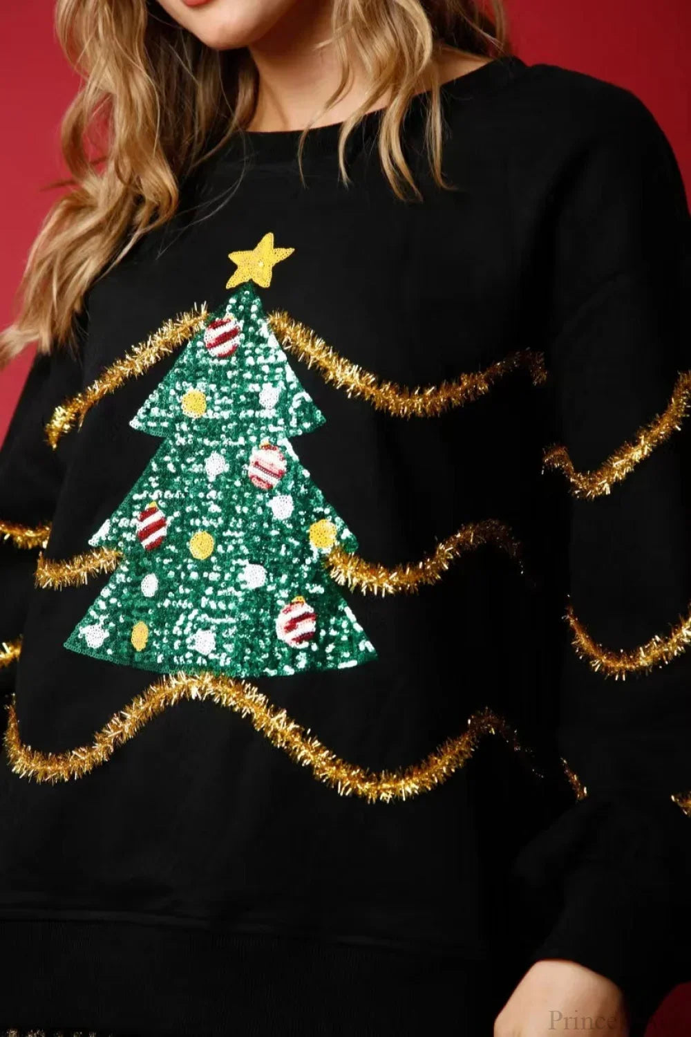 EB | Weihnachtsbaum Paillette Lässig Lockere Lange Ärmel Tee