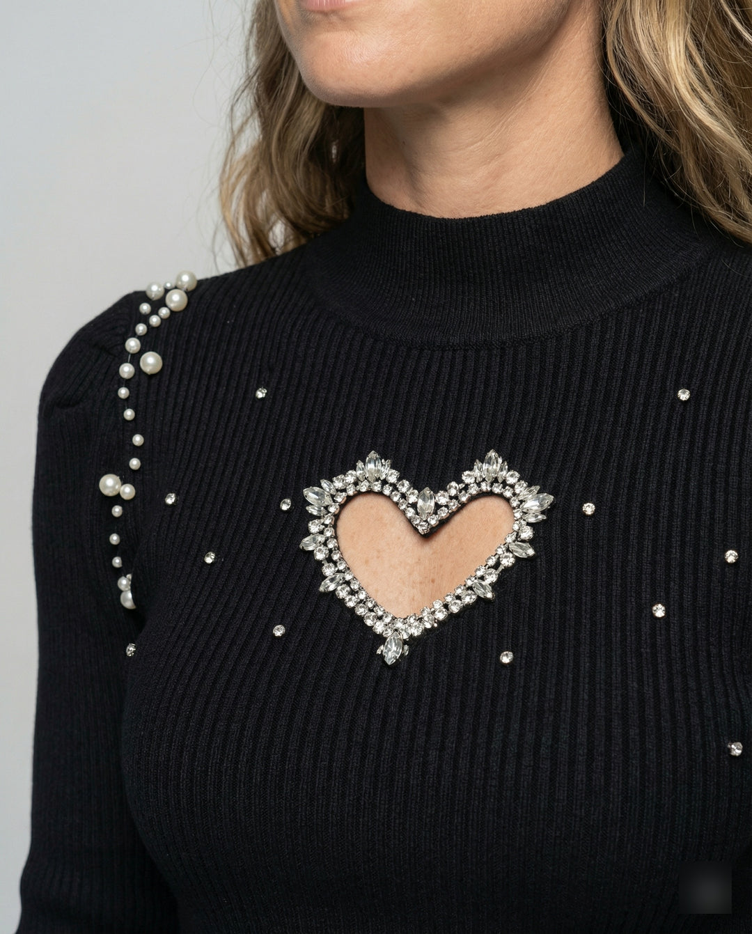 Damen Pullover mit herzförmigem Ausschnitt und glitzernden Details EB