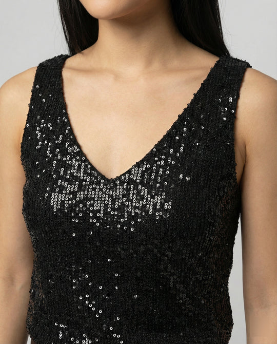 Damen Glitzerndes Oberteil mit V-Ausschnitt und funkelndem Paillettenbesatz EB