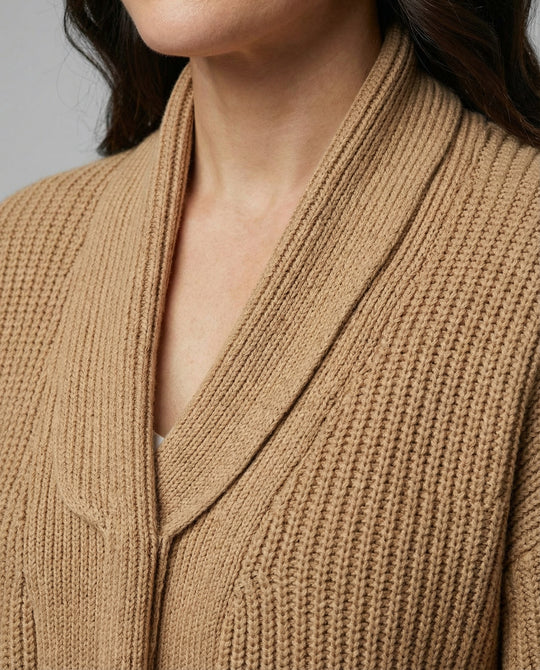 Damen Strickmantel mit Tiefem V-Ausschnitt und Seitlichen Eingrifftaschen EB