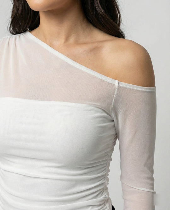 Damen Elegantes asymmetrisches Oberteil mit schulterfreiem Design und Raffung EB