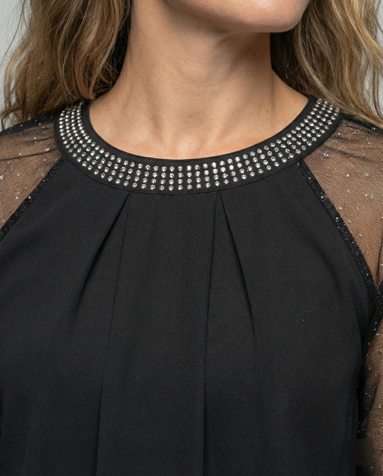 EB Damen Mesh-Bluse mit Strassbesatz und transparenten Ärmeln