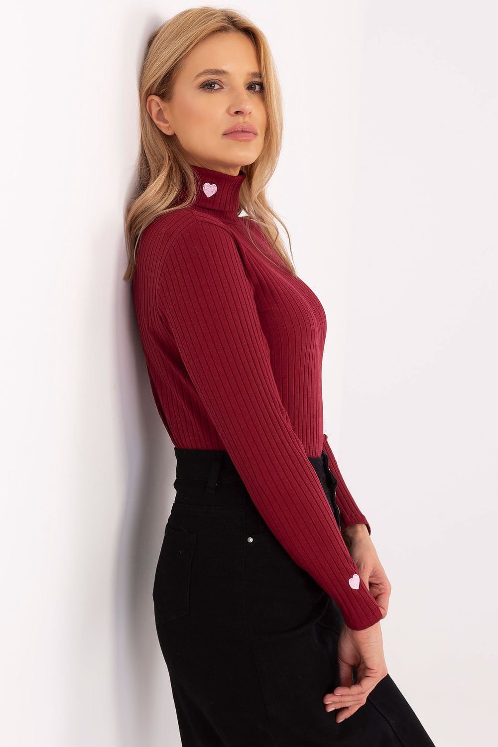 EB | Gerippte Bluse Hoher Kragen Dekorative Details