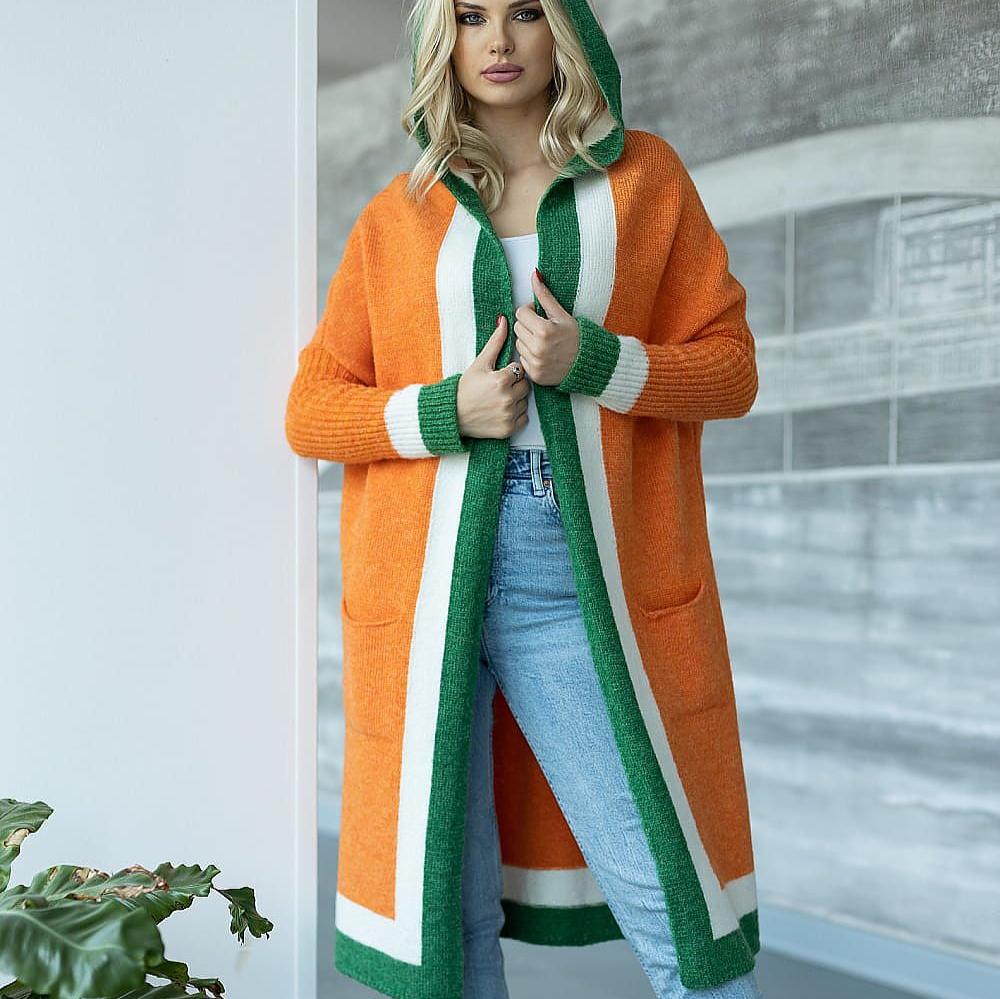 EB | Langer Strickcardigan mit Kapuze Weich und Stilvoll Kontrastdetails