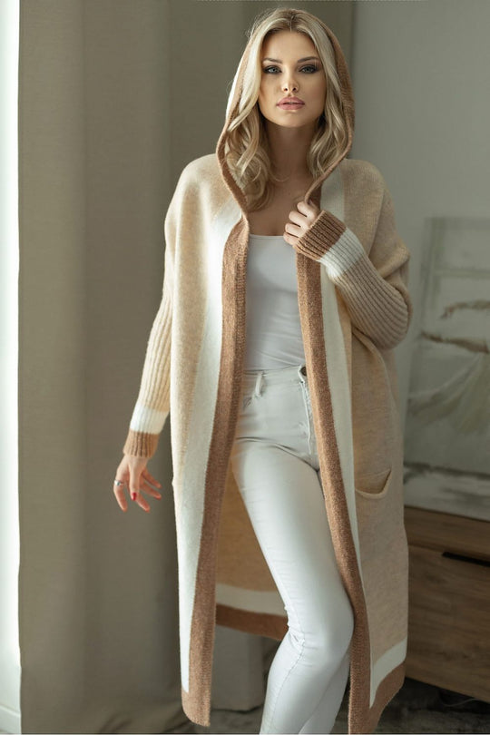 EB | Langer Strickcardigan mit Kapuze Weich und Stilvoll Kontrastdetails