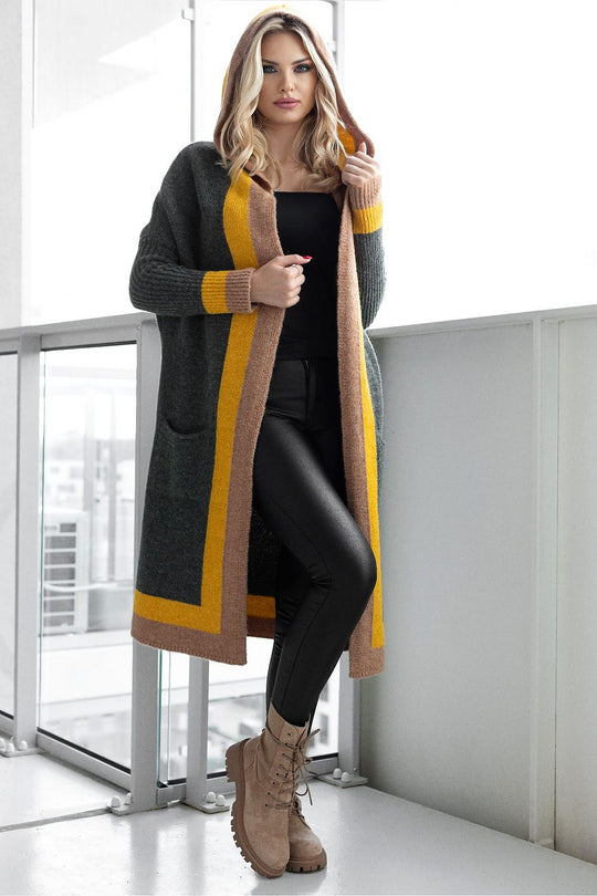 EB | Langer Strickcardigan mit Kapuze Weich und Stilvoll Kontrastdetails