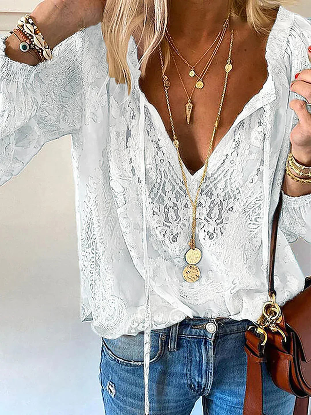 EB | V-Ausschnitt Spitzen Chiffon Bluse