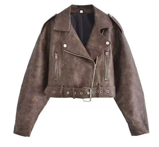 EB | Damen PU Motorradjacke mit Reißverschluss und Gürtel