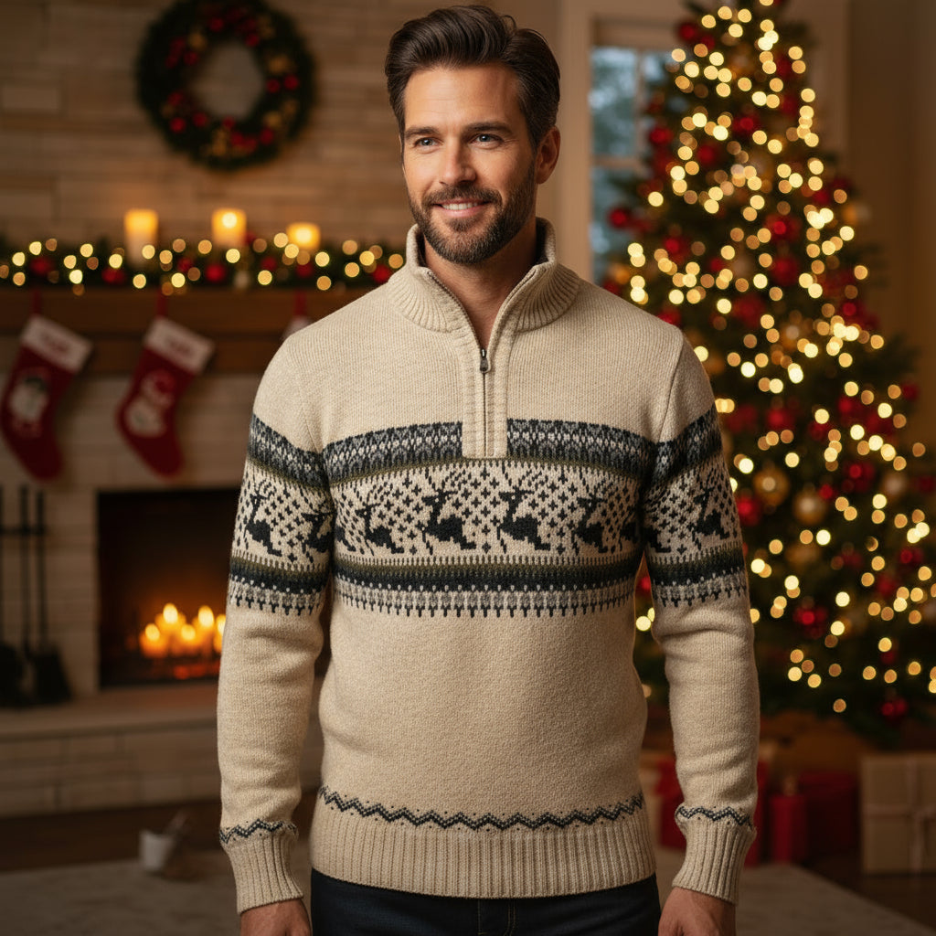 EB | Winterpullover für Herren - warmer gestrickter Pullover mit halbem Reißverschluss & skandinavischem Rentiermuster