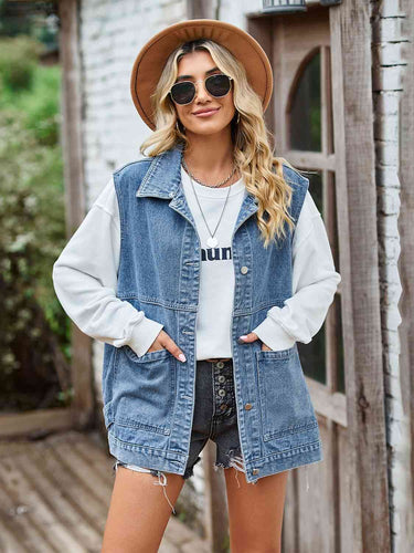 EB | Knopf-Front Ärmellose Jeansjacke
