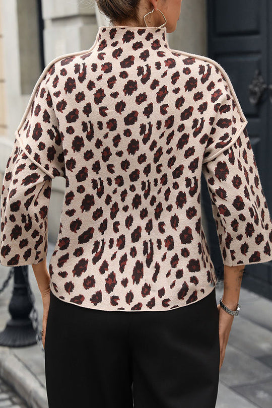 EB | Gemütlicher Strickpullover mit Leopardenmuster und Lockerer Rollkragen