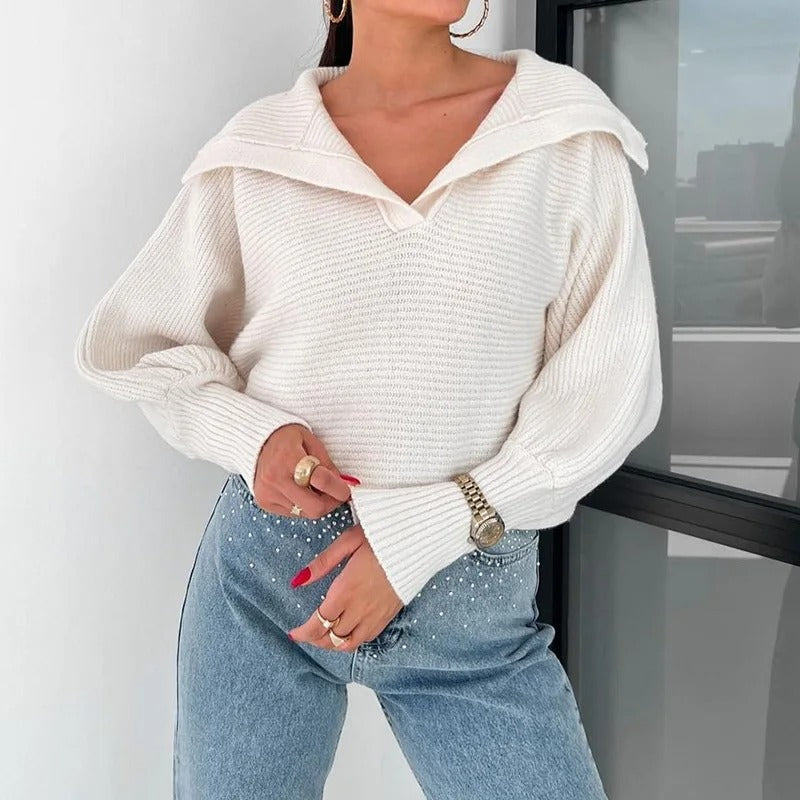 EB | Gemütlicher Strickpullover mit Laternenärmeln und Offenem Kragen