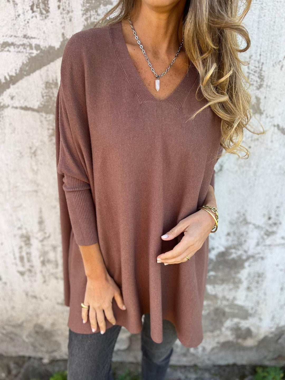 EB | Pullover - Damen Herbst Oversized Gestrickter V-Ausschnitt Pullover