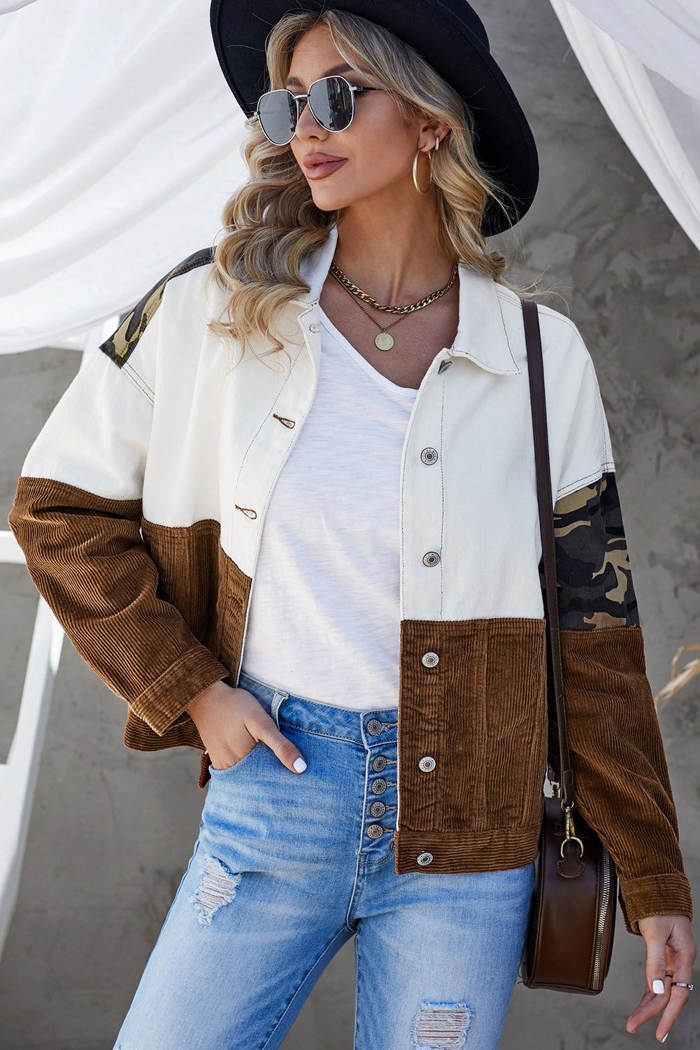 EB | Leopard Farbblock Knopfleiste Cord Baumwolljacke