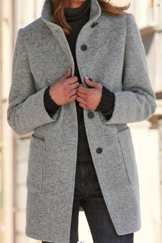 EB | Unifarbene Knopf Stehkragen Wolljacke