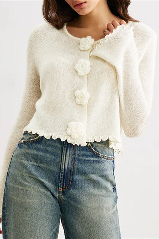 EB | Schmaler, Floral Strickcardigan mit Rüschen